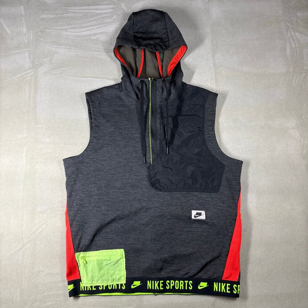 Nike Dri-FIT Sleeveless Hoodie Vest Mens Medium Gray Neon Full Zip Training Gym